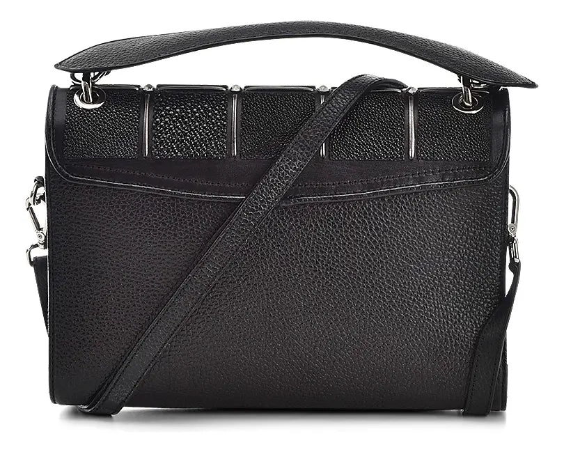 Bolso de Mano en Piel Genuina de Mantarraya para Dama Negro Lisa Níquel Liso