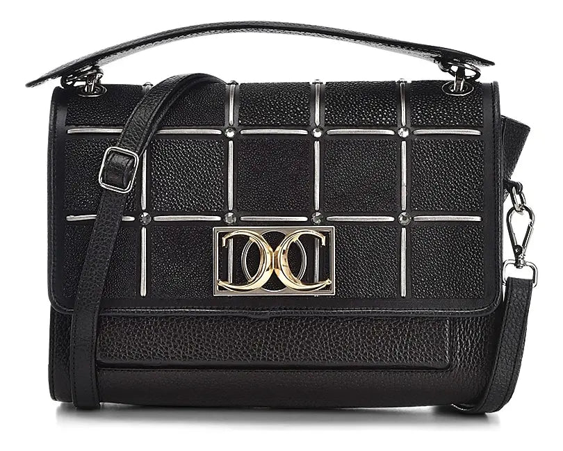 Bolso de Mano en Piel Genuina de Mantarraya para Dama Negro Lisa Níquel Liso