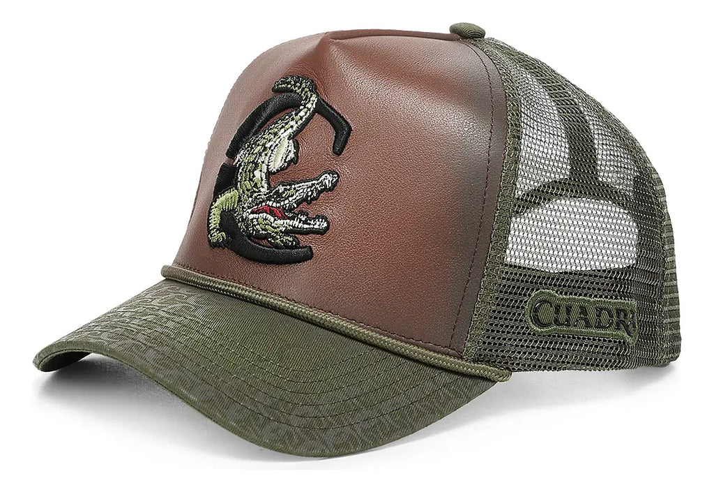Cuadra Gorra Verde en Piel Genuina con Diseño de Cocodrilo Verde S/t Geométrico