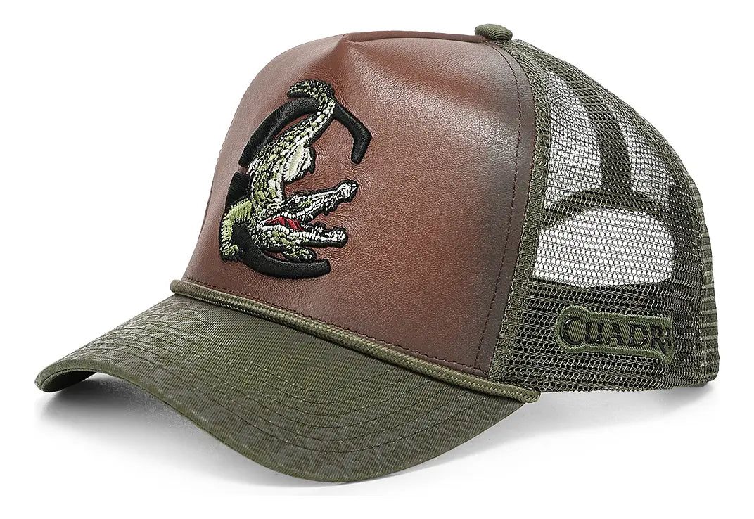Cuadra Gorra Verde en Piel Genuina con Diseño de Cocodrilo Verde S/t Geométrico